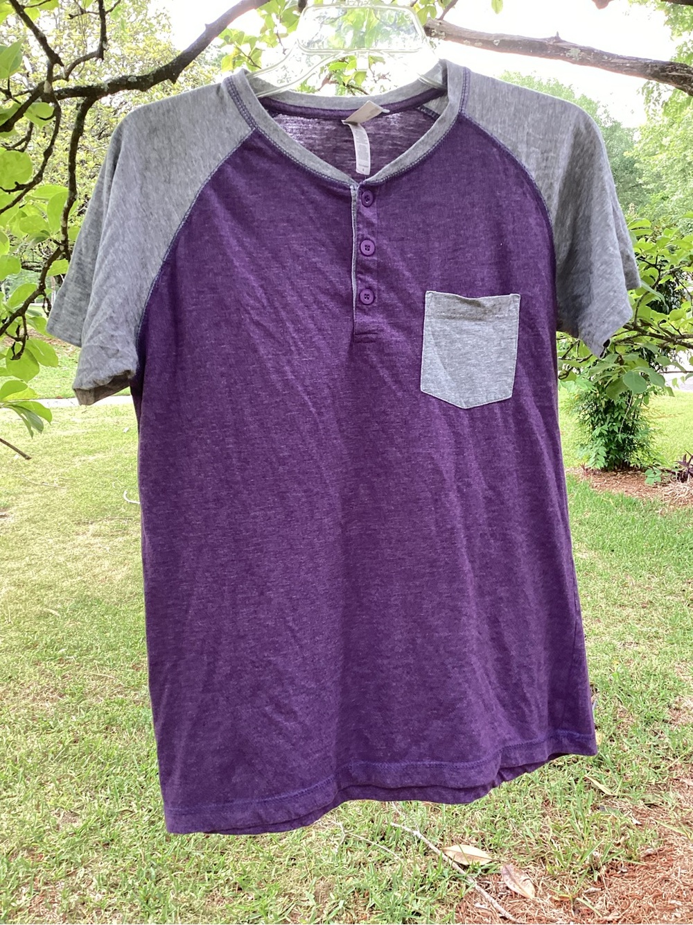 Ava & Viv Purple Henley Tee with Gray Raglan Sleeves